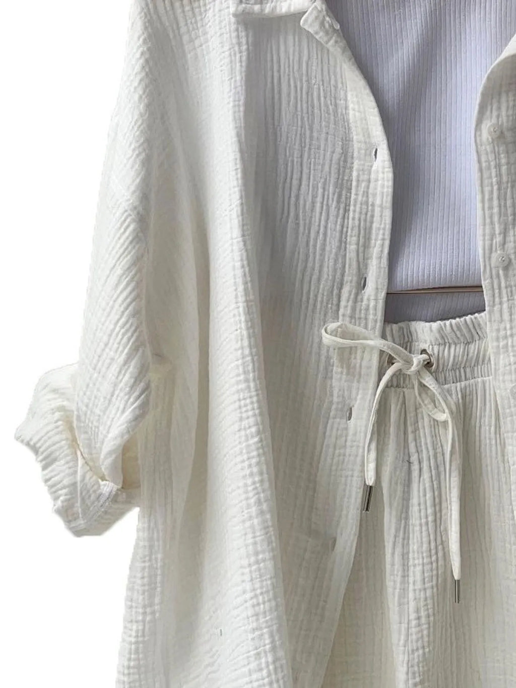 Chic Textured Button-Up Shirt & Shorts Two-Piece Set