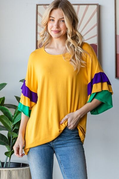 Heimish Plus Size Round Neck Color Block Ruffled Sleeve Top Gold