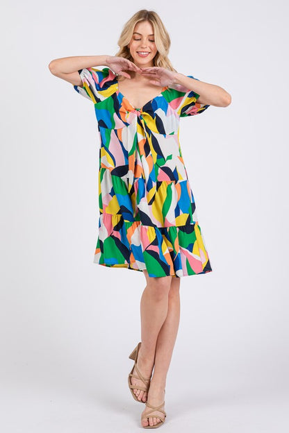 Ces Femme Abstract Print Sweetheart Neck Puff Sleeve Dress