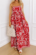 Floral Print Spaghetti Strap Empire Waist Maxi Dress Red