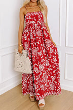 Floral Print Spaghetti Strap Empire Waist Maxi Dress Red