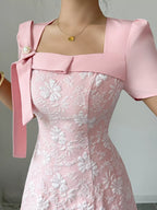 Bow Detail Square Neck Short Sleeve Midi Dress