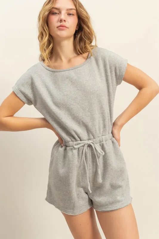 HYFVE Round Neck Short Sleeve Drawstring Waist Romper Light Gray