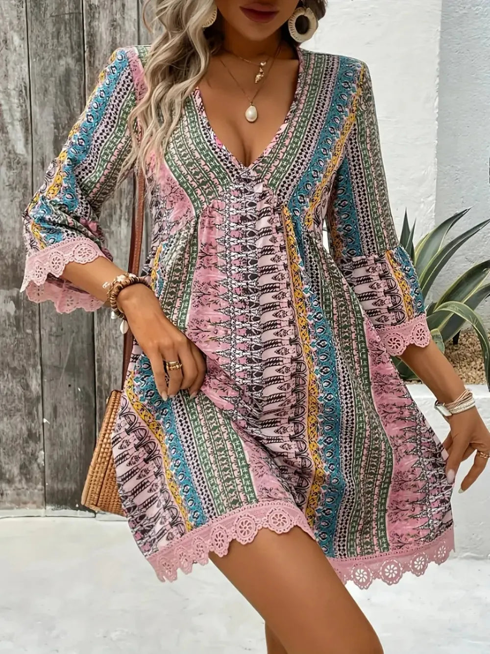 Printed V-Neck Dress with Lace Trim and 3/4 Sleeves