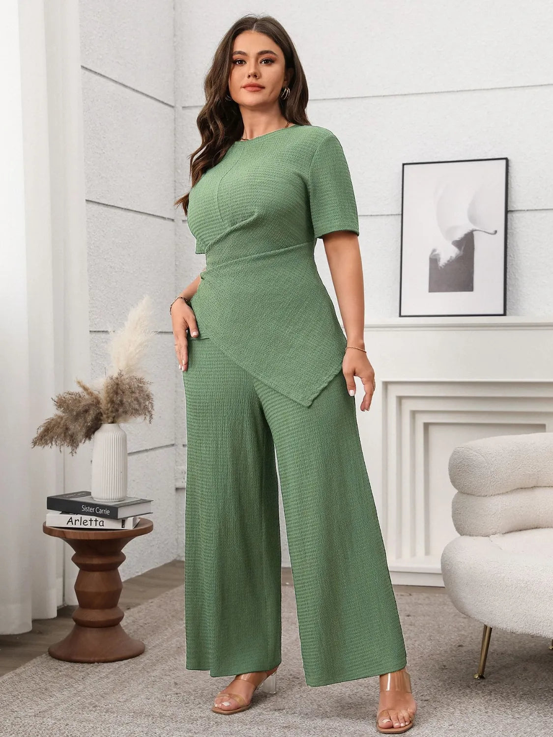 Plus Size Asymmetrical Neck Short Sleeve Top & Pants Set