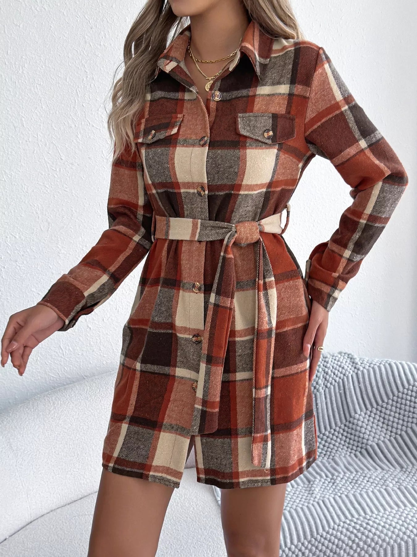 Plaid Button-Front Tie Waist Shirt Dress
