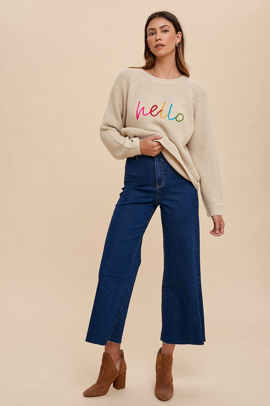 Annie Wear "HELLO" Embroidered Raglan Sleeve Pullover