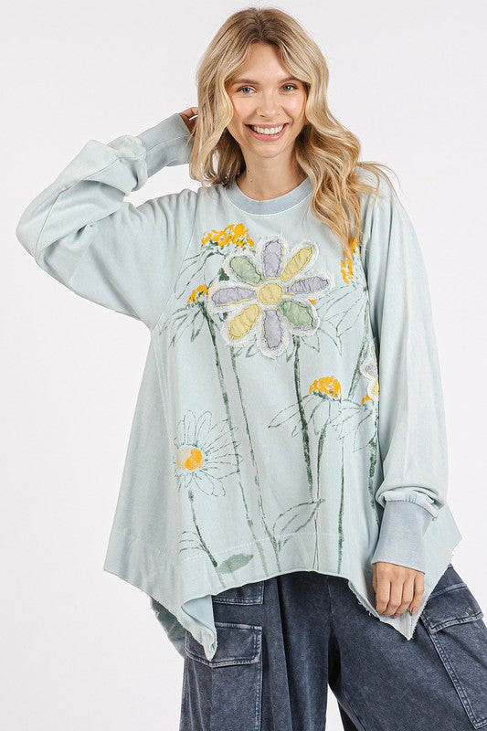 Mittoshop Flower Graphic Print & Patch Oversized Sweatshirt Baby Blue