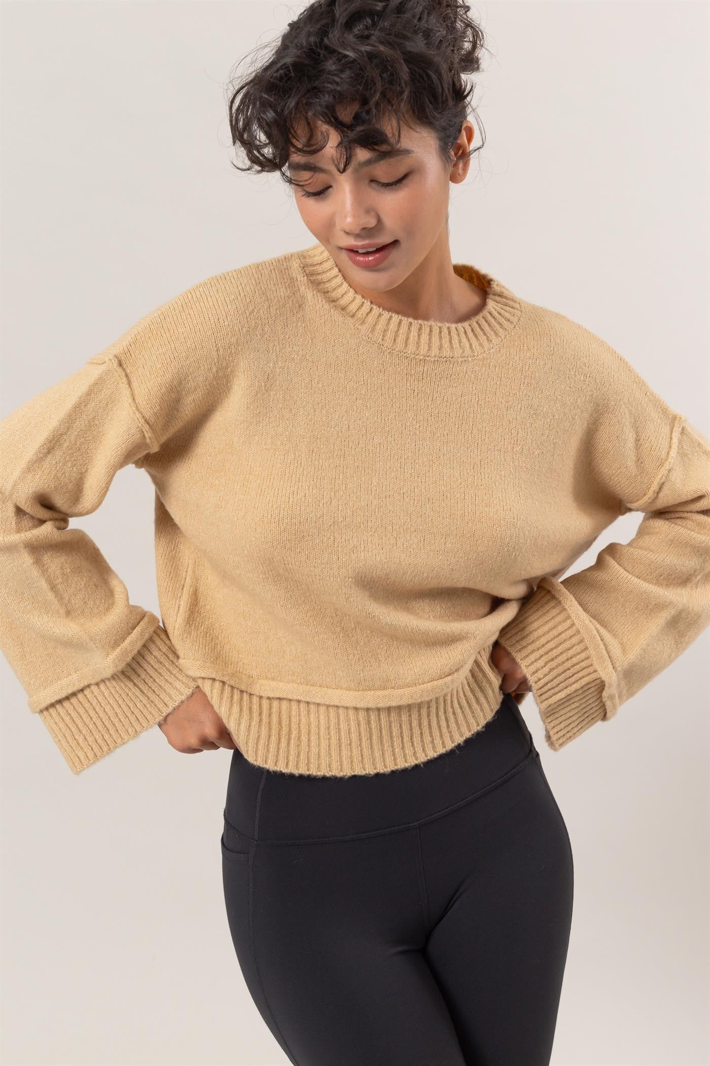 HYFVE Round Neck Dropped Shoulder Ribbed Sweater Taupe