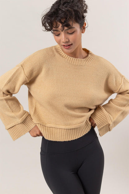 HYFVE Round Neck Dropped Shoulder Ribbed Sweater Taupe