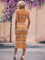 CoastEase Striped Sleeveless Round Neck Cover-Up Midi Dress