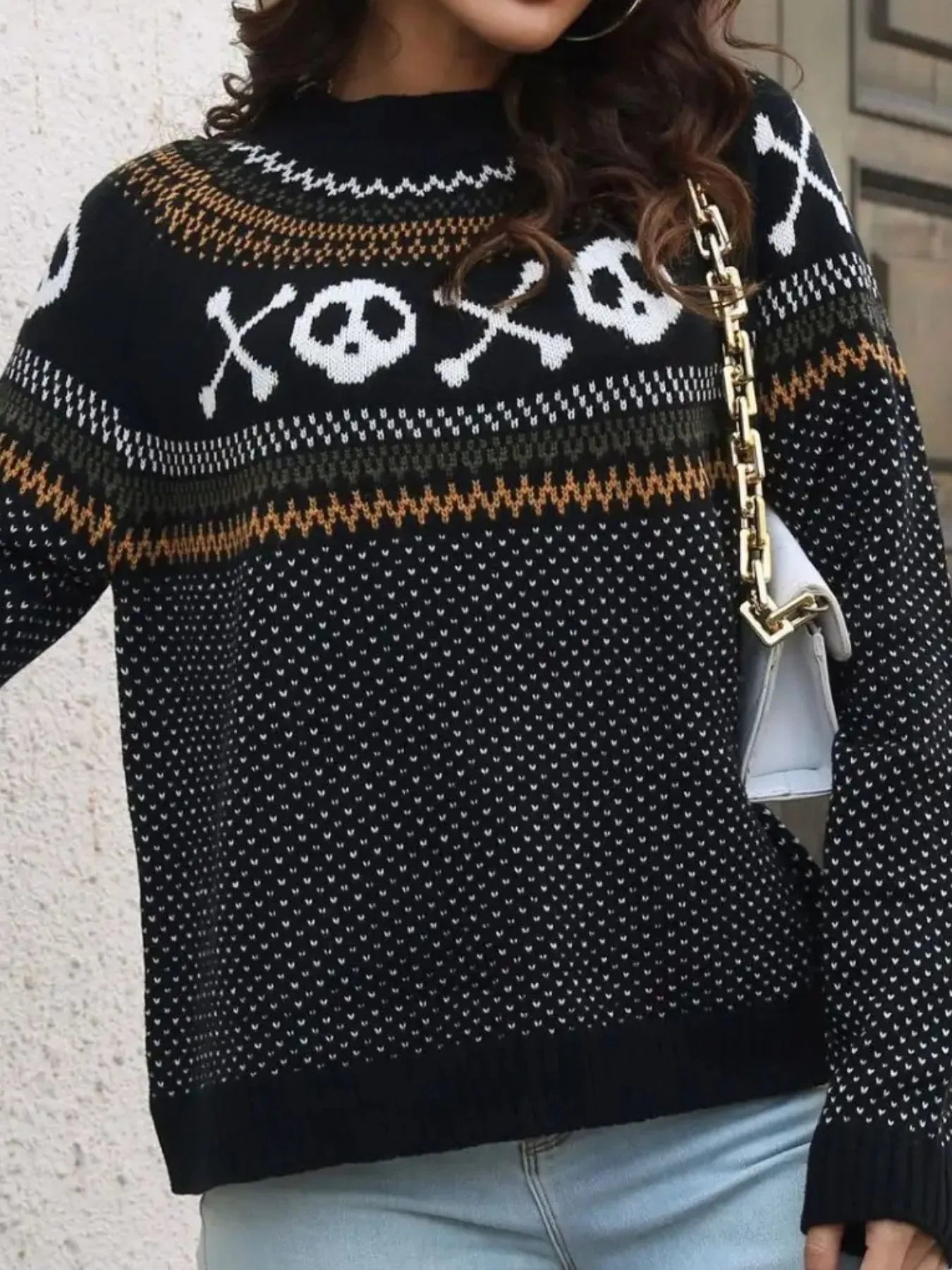 Skull Print Round Neck Acrylic Sweater