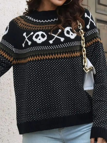 Skull Print Round Neck Acrylic Sweater