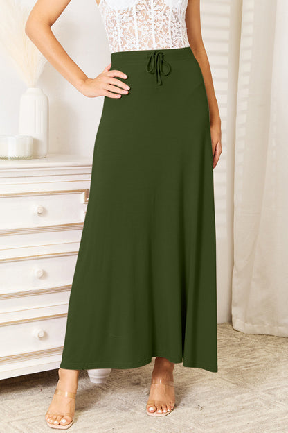 Double Take Soft Rayon Drawstring Waist Maxi Skirt Dark Green