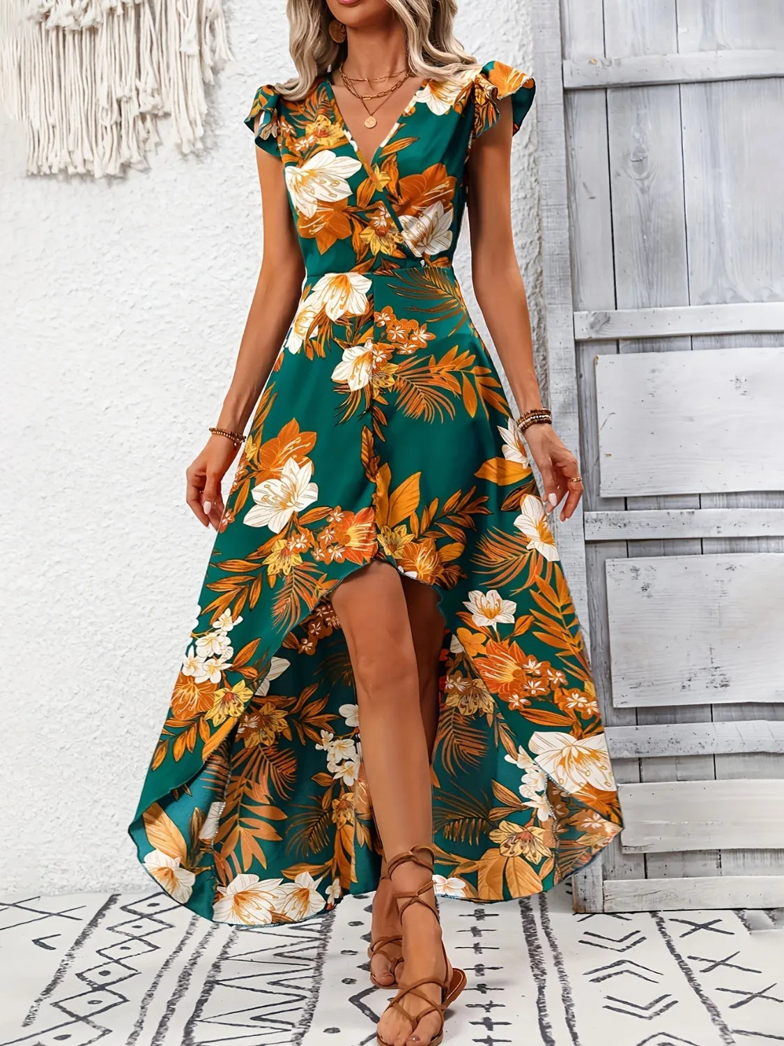 Printed High-Low Maxi Dress with Cap Sleeves