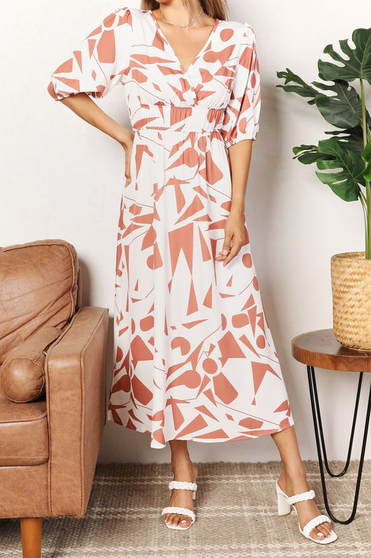 WhimsyGrace Printed Surplice Balloon Sleeve Midi Dress Camel