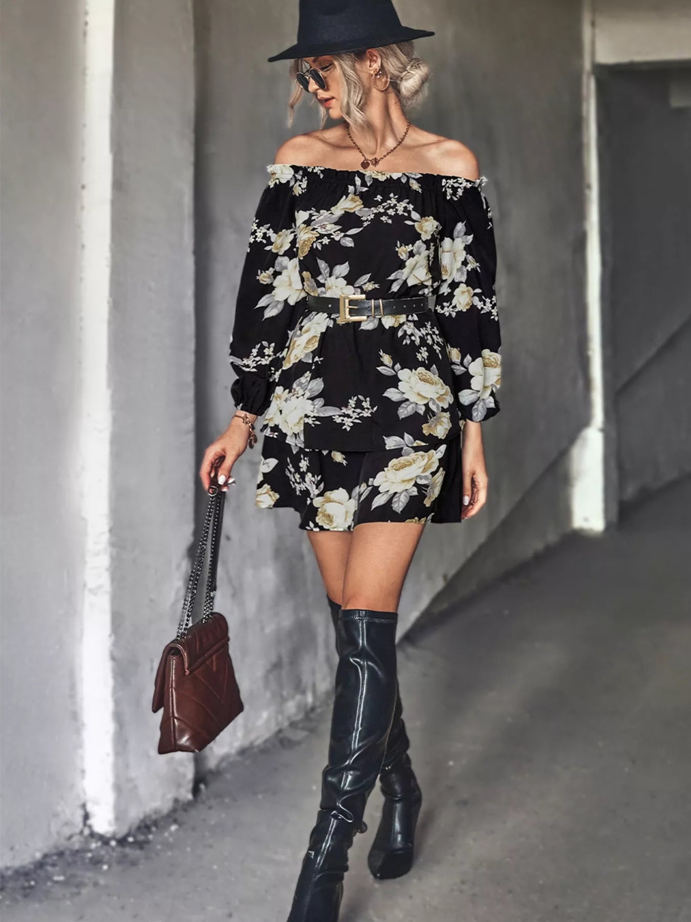 Floral Print Off-Shoulder Ruffled Mini Dress