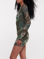 Keyhole Detail Mesh Long Sleeve Bodycon Dress