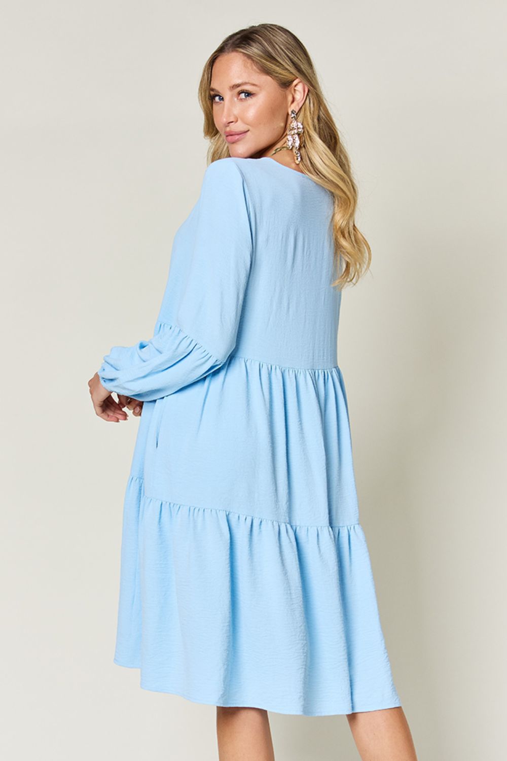 Full Size V-Neck Tiered Balloon Sleeve Dress with Pockets