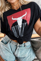 Western HOWDY Steer Head Print Loose Fit Tee Black