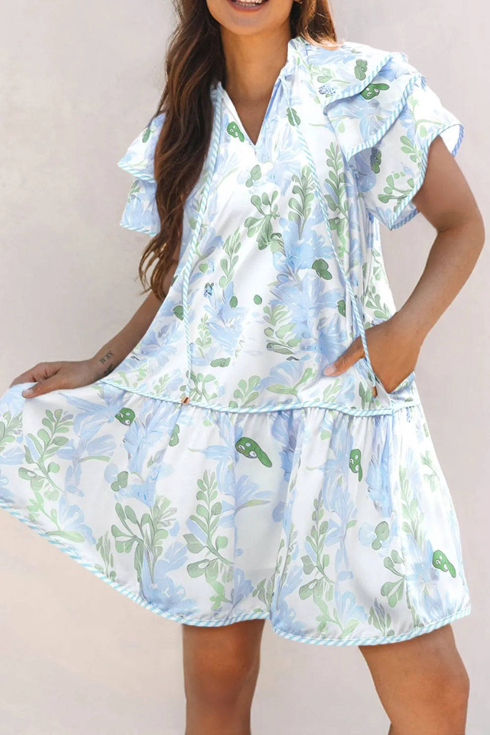 Floral Contrast Edge Mini Dress - Ruffled Short Sleeve Summer Look Light Blue