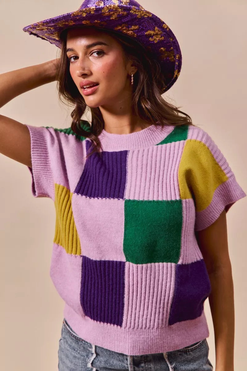 SO ME Mardi Gras Check Plaid Casual Knit Sweater Top