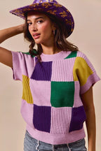 SO ME Mardi Gras Check Plaid Casual Knit Sweater Top