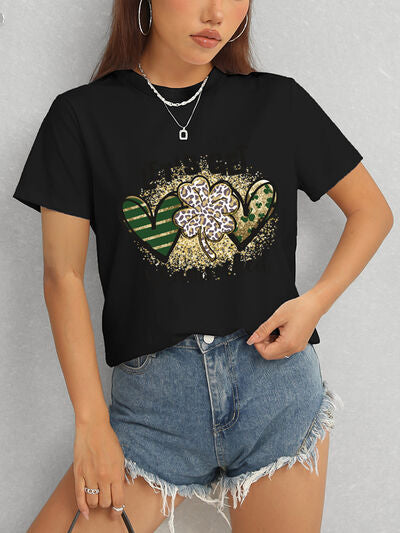 Comfortable Lucky Clover Round Neck Short Sleeve Tee Black