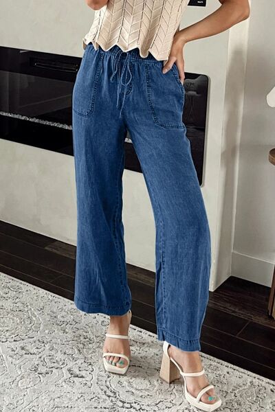 Mineral Wash Drawstring Waist Straight Jeans