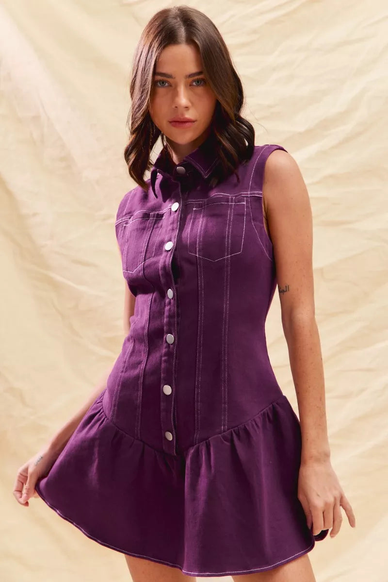 SO ME Sleeveless Collared Button-Down Mini Dress