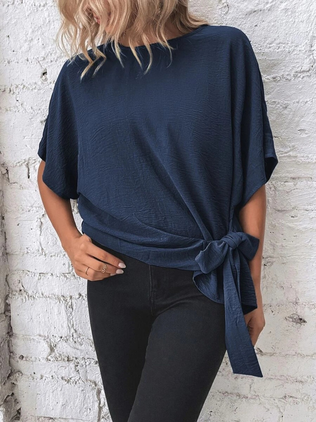 Knotted Round Neck Blouse with Half Sleeves and Button Detail