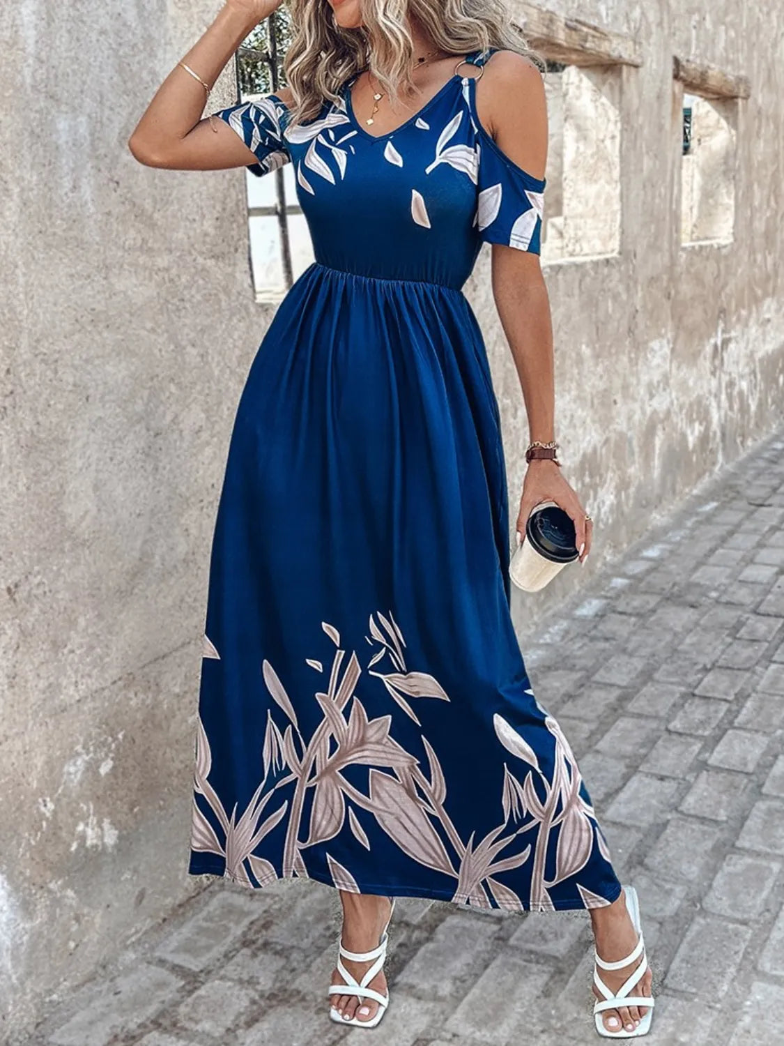 Printed Cold Shoulder Pocket Maxi Dress