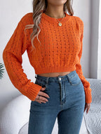 Cutout Back Openwork Knit Long Sleeve Sweater Orange