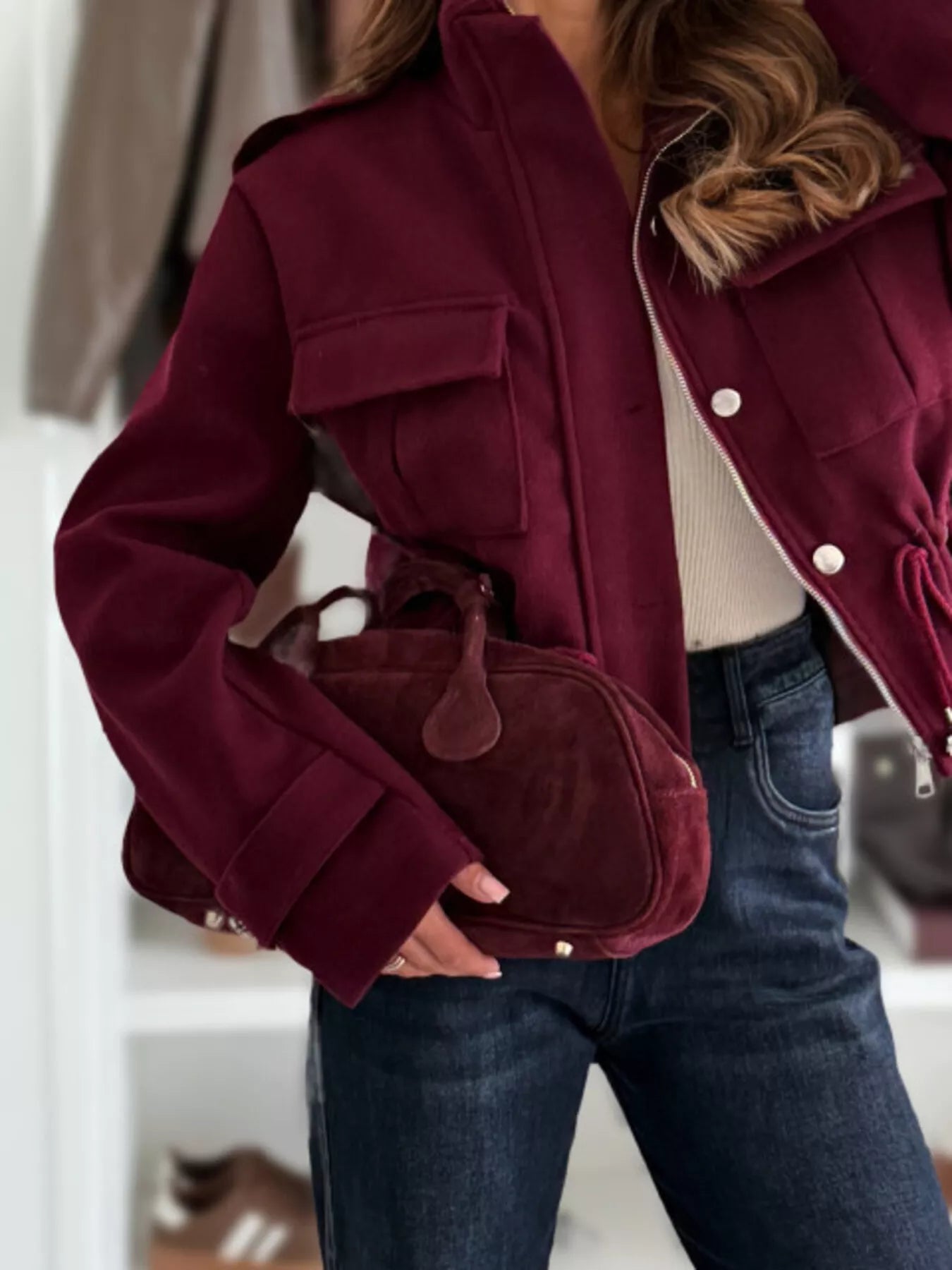 Drawstring Waist Cropped Utility Jacket