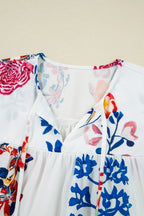 Boho Printed Tie Neck 3/4 Sleeve Blouse with Tassels