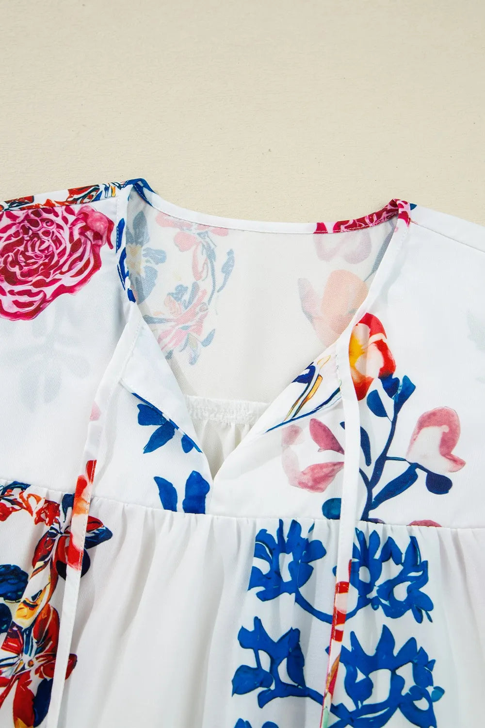 Boho Printed Tie Neck 3/4 Sleeve Blouse with Tassels