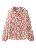 Paisley Print Frill Neck Long Sleeve Blouse Burnt Coral