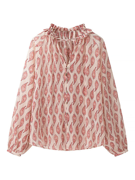 Paisley Print Frill Neck Long Sleeve Blouse Burnt Coral