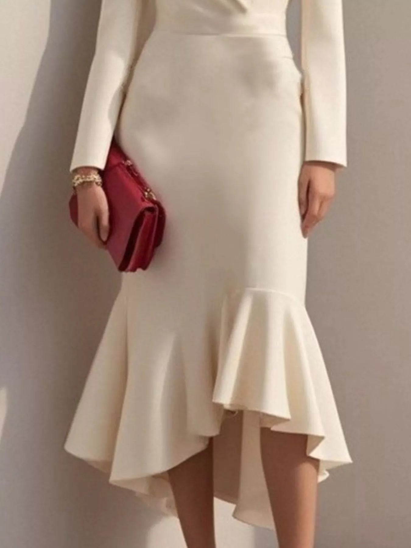 Elegant Ruffled Hem Long Sleeve Cotton Blazer Midi Dress