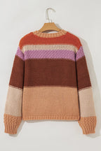 Cozy Colorblock Striped Round Neck Sweater – Soft Acrylic Women’s Pullover