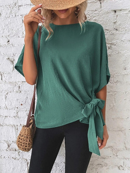 Knotted Round Neck Blouse with Half Sleeves and Button Detail