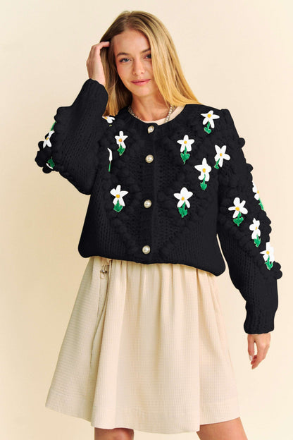 Davi & Dani Floral Button-Down Cardigan Black