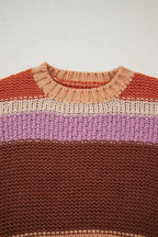 Cozy Colorblock Striped Round Neck Sweater – Soft Acrylic Women’s Pullover