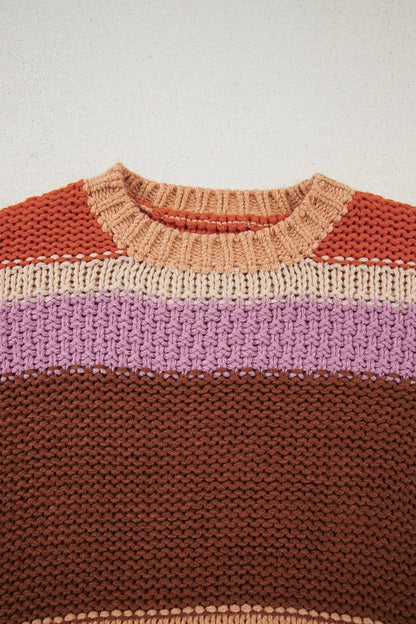 Cozy Colorblock Striped Round Neck Sweater – Soft Acrylic Women’s Pullover