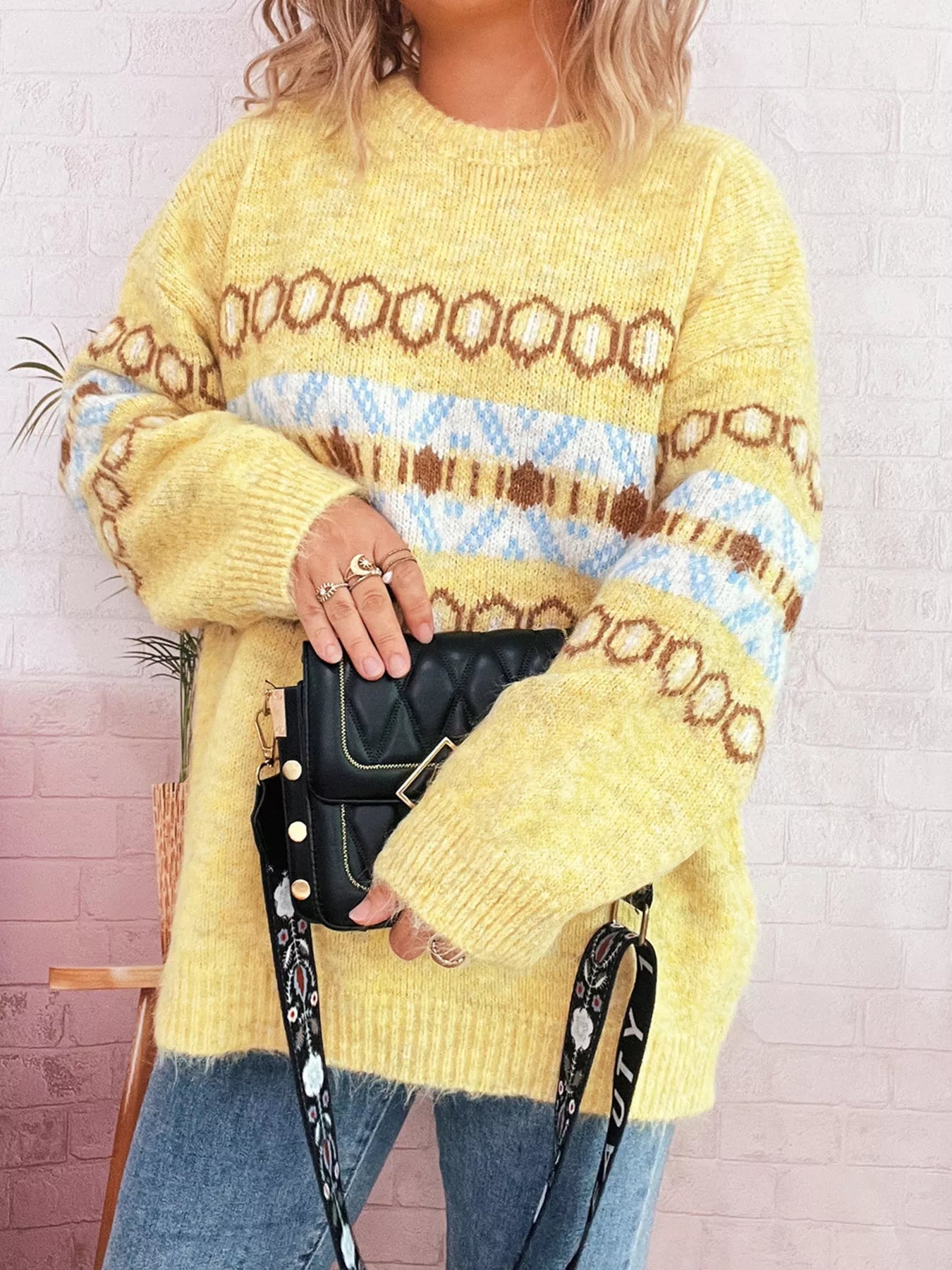 Contrast Color Round Neck Drop Shoulder Sweater