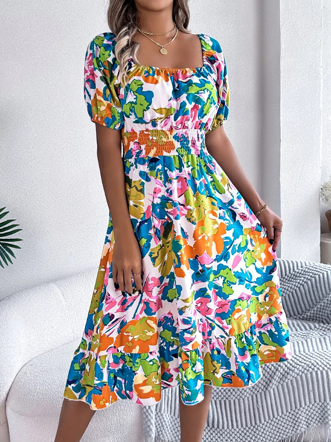 Smocked Ruffle Hem Floral Midi Dress