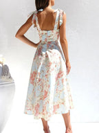 Floral Tie-Strap Sweetheart Neck Midi Dress â€“ Elegant Summer Sleeveless Dress