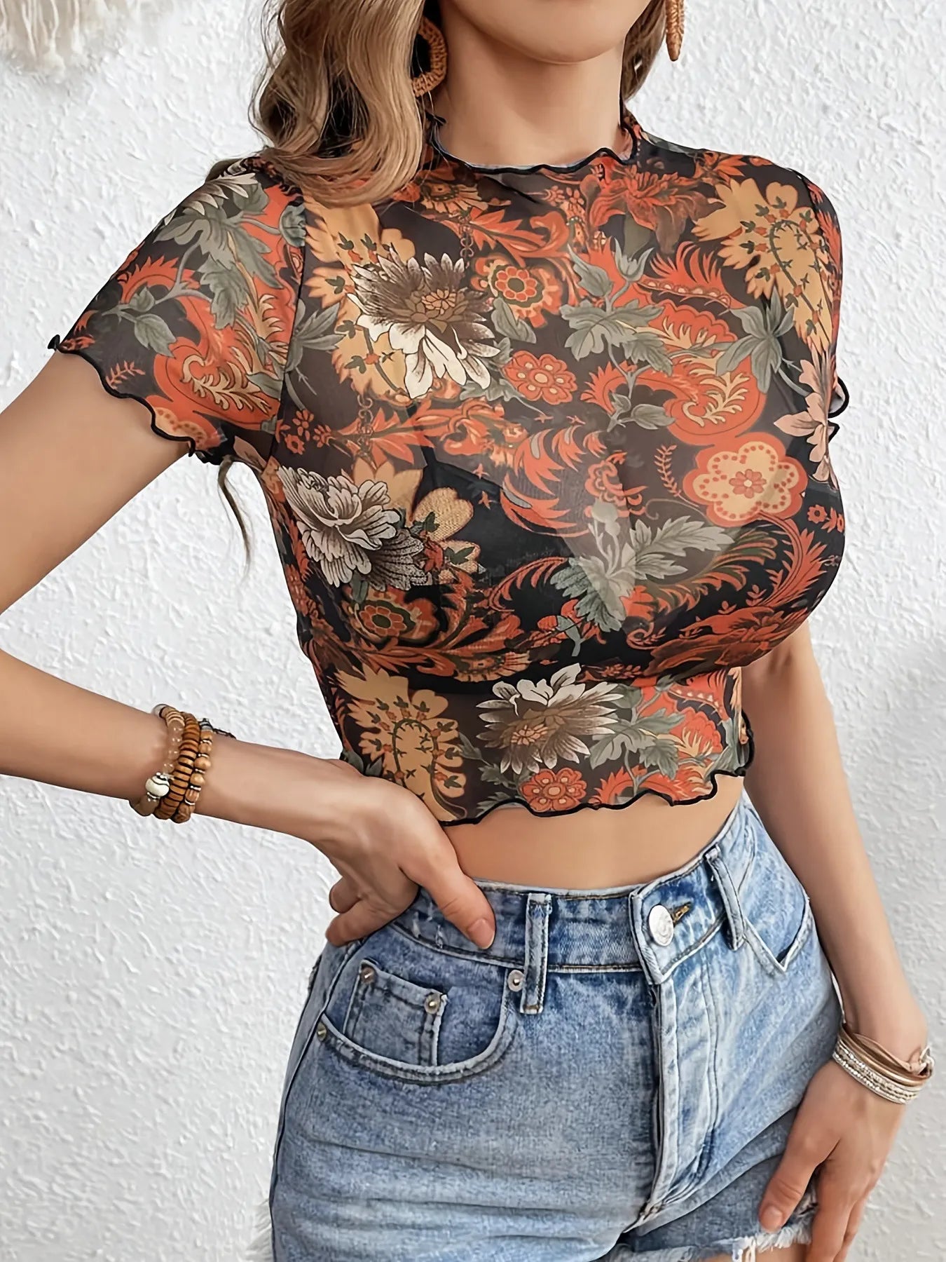Floral Mesh Crop Top with Lettuce Trim