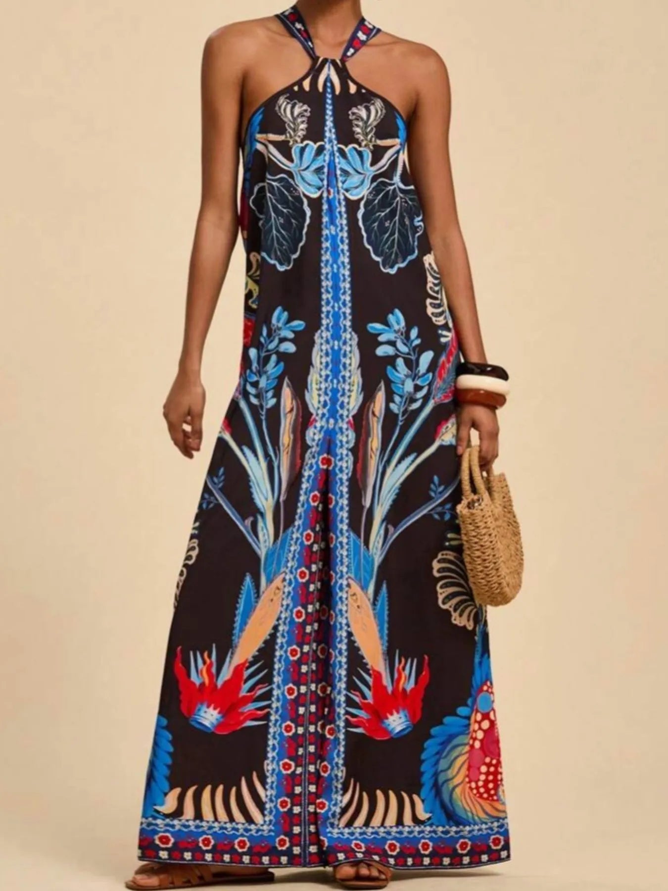 Boho Printed Halter Neck Wide-Leg Jumpsuit Royal Blue
