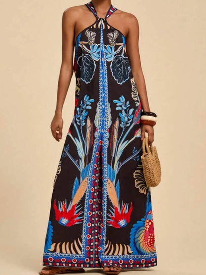 Boho Printed Halter Neck Wide-Leg Jumpsuit Royal Blue
